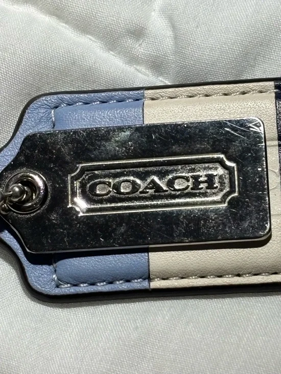 Coach Color Block Two-Tone Blue and White Leather Bag Tag with Silver Tag - Picture 2 of 5